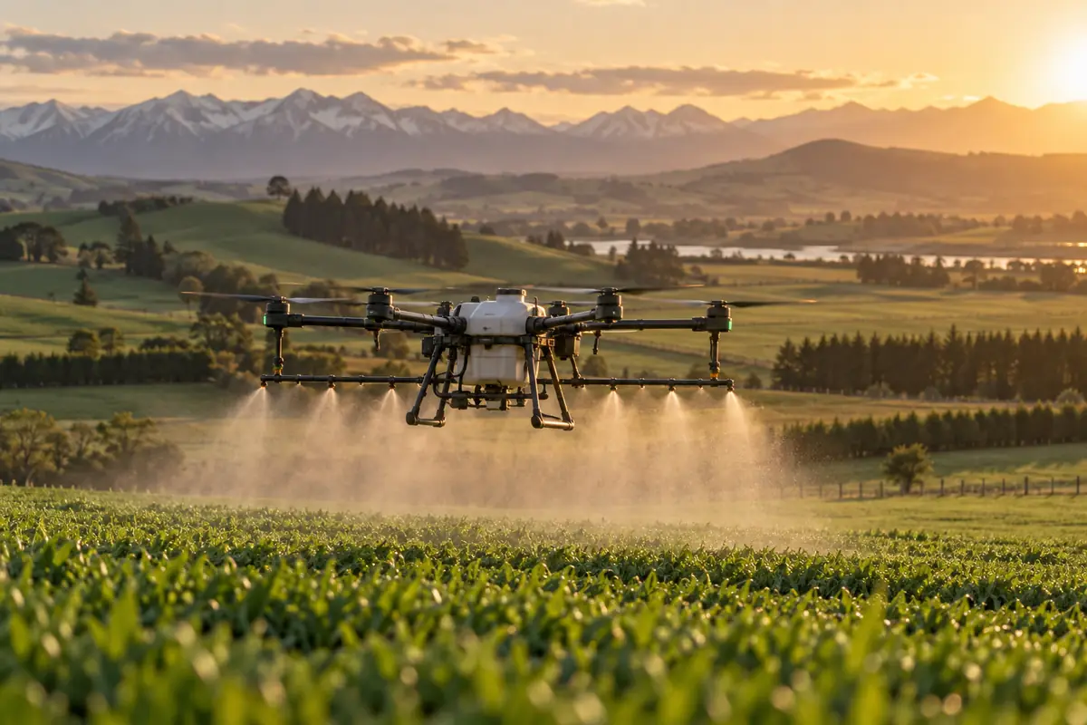 A large multirotor spray drone applying a fine mist over a green crop at sunset, with rolling farmland and mountains behind