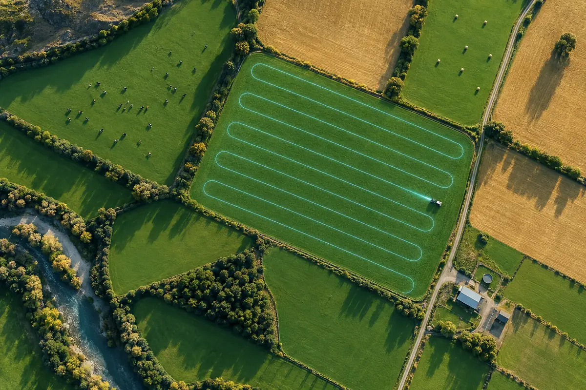 Aerial view of New Zealand farmland with a glowing lane-by-lane flight path over one paddock